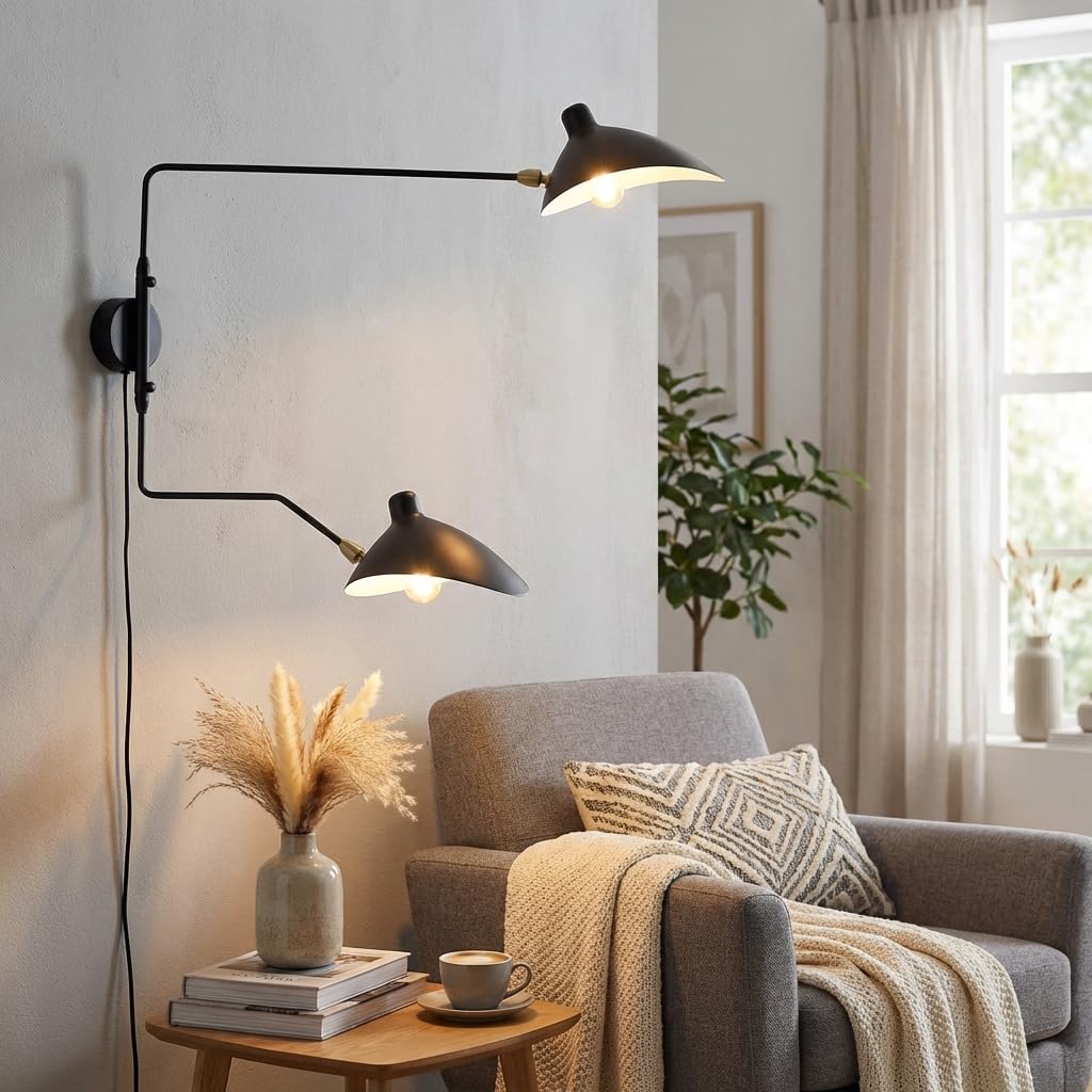 BARCELONA LED Applique da Parete Nera in Ferro a Doppio Braccio E27, Lampada da Parete Grande con Cavo e Interruttore, Design Classico Moderno Vintage di Lusso per Interni