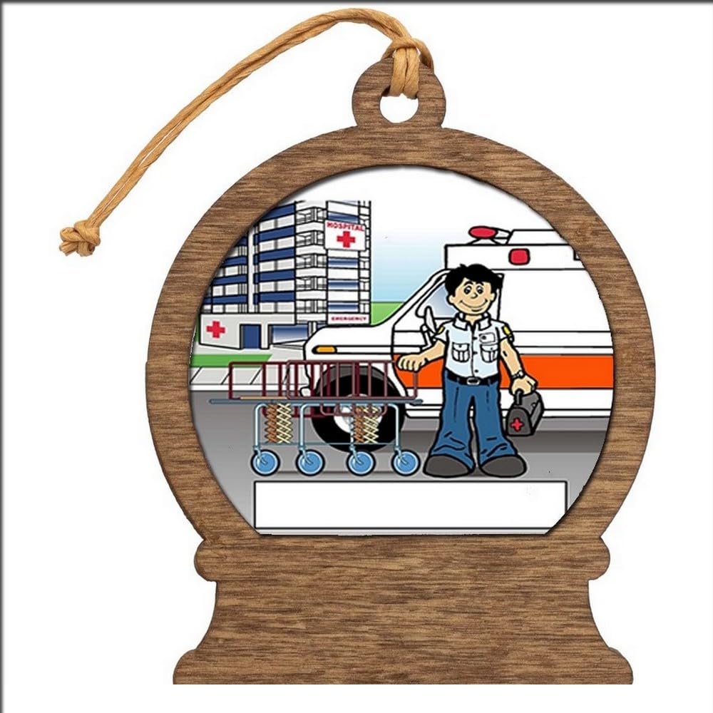 PrintedPerfection.com Personalized EMT, Paramedic, Ambulance - Male Wooden Snow Globe Shaped Christmas Ornament