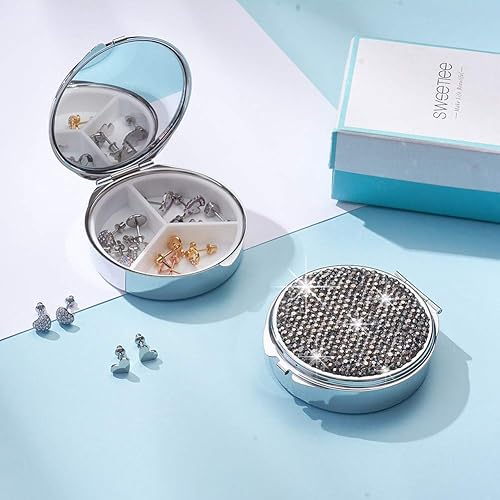Miniatura 7 de XianghuangTechnology Shiny Diamonds - Pastillero compacto de 3 compartimentos para medicamentos para bolsillo o bolso, organizador redondo de