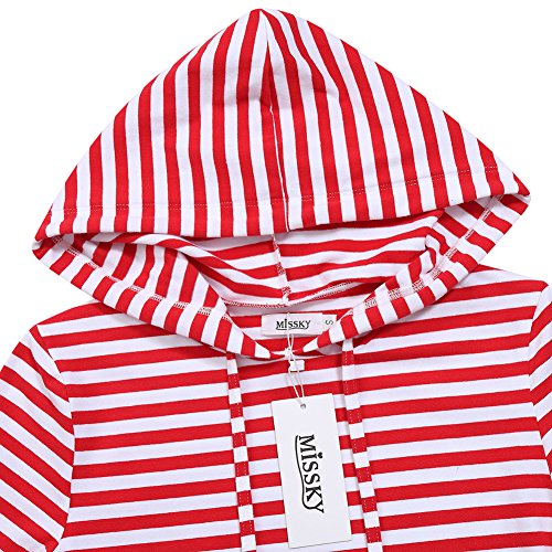MISSKY Women's Short Sleeve Pullover Stripe Keen Length Slim Hoodie Dresses with Kangaroo Pocket for Sport Causal for Spring Summer Autumn, Red White, Medium