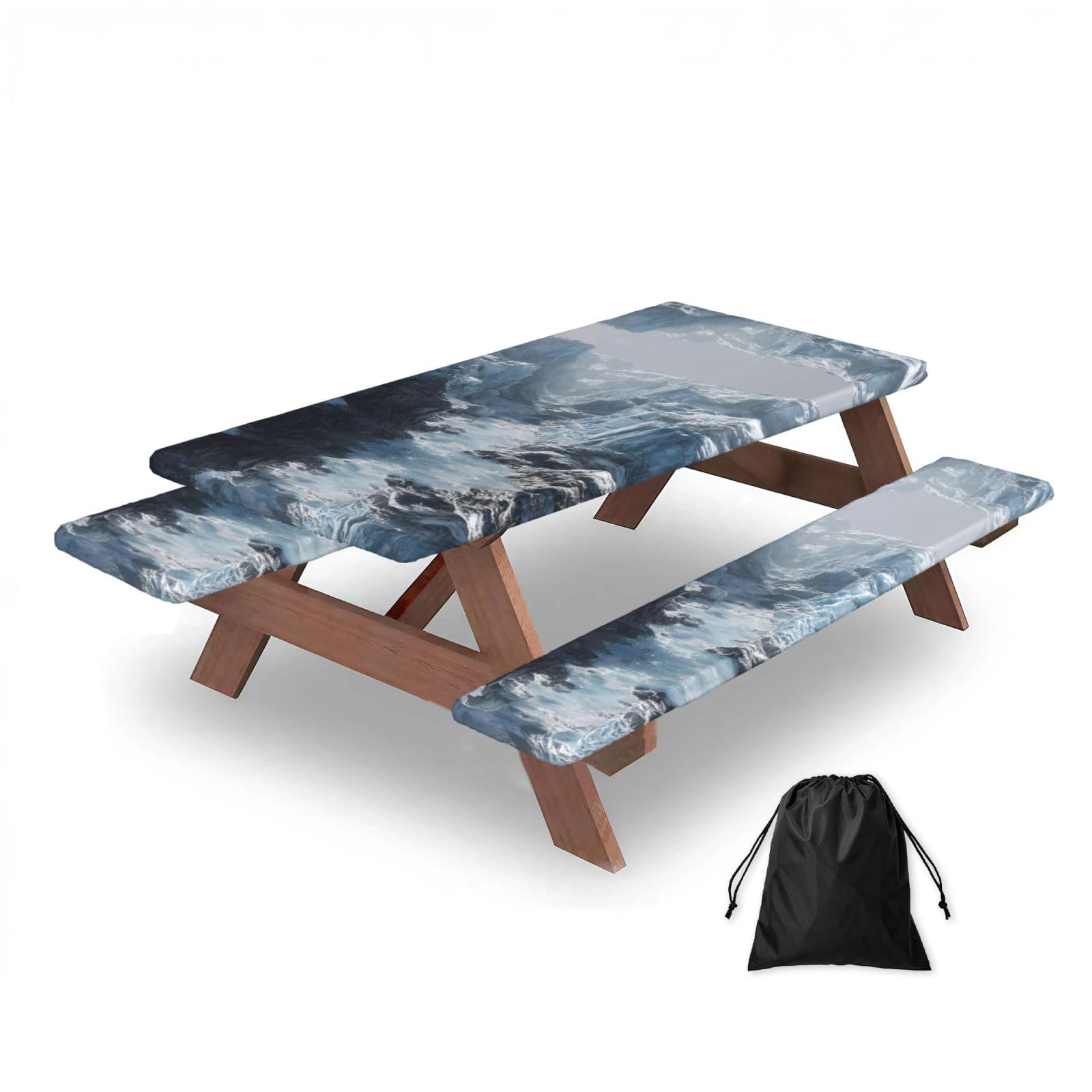 ESNAIUVCD Glacier Print Picnic Table Cover With Bench Covers,Camping Essentials,Fitted Tablecloth Cover With Elastic Edge, For Indoor & Outdoor 3 Pcs