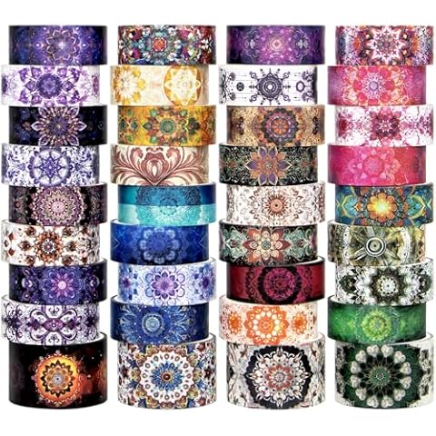 Hwook 36 Rolls Mandala Washi Tape Set - Colored Datura Aesthetic Scrapbook Tape Decorative for Craft, Junk Journal Supplies, Bullet Journaling, 15/25mm Wide Cover