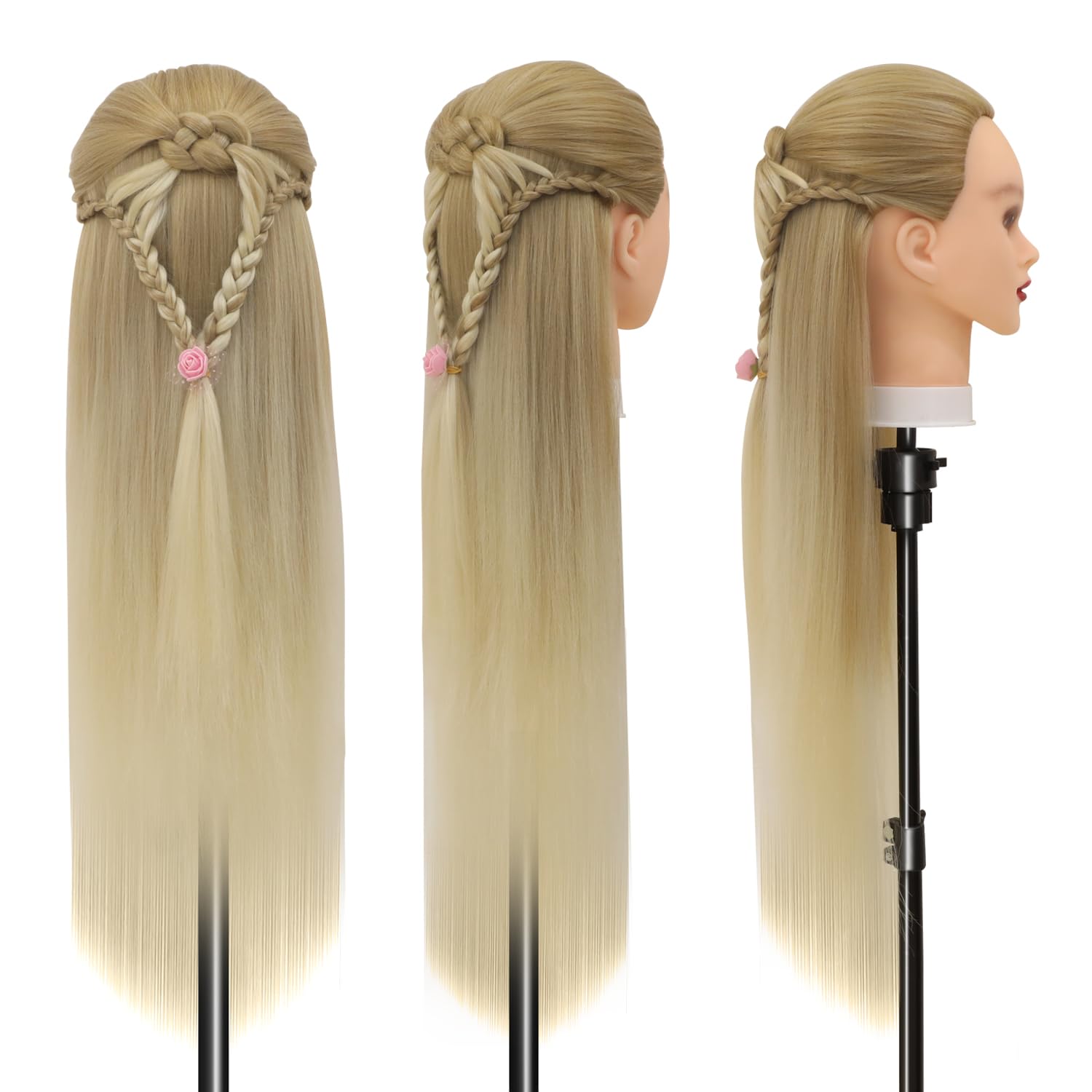 Trainingsköpfe, 28 inch Übungskopf Frisierkopf Friseur 100% Synthetikfaser-Haar Styling Kopf Frisierkopf für Frisöre mit kostenloser Klemme und DIY Flechtset (27-613)