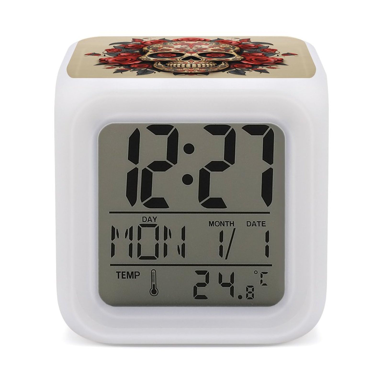 JTREHY 7 Color Changing LED Digital Alarm Clock,Red Rose Sugar Skull Printed Wake-up Clock with Temperature Display Home Decoration Alarm Clock for Bedroom Office