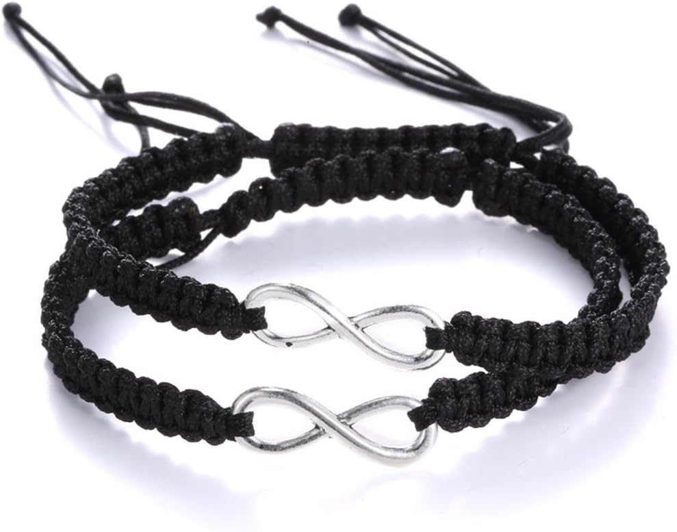 RINHOO 2PC/Set Stainless Steel 8 Infinity Couple Bracelet Braided Leather Rope Bangle Wrist Adjustable Chain Fit 7-9 Inch for Lover Friendship