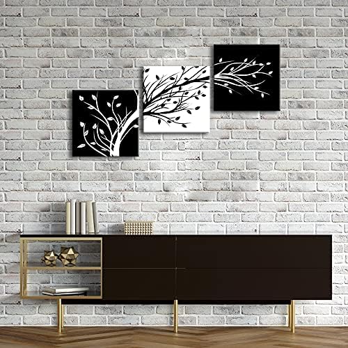 Wieco Art - Leaves Modern 3 Panels Flowers Artwork Giclee Canvas Prints Black and White Abstract Floral Trees Pictures Paintings on Canvas Wall Art for Living Room Bedroom Home Decorations