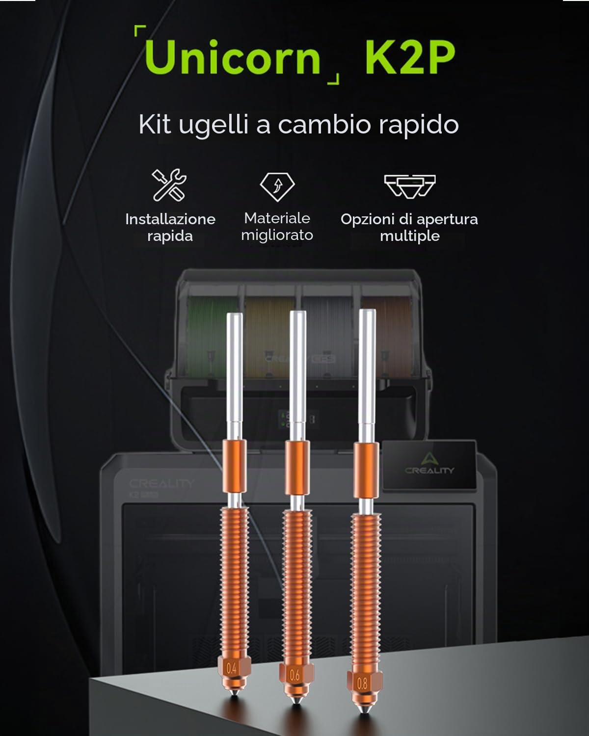 Ugello ufficiale Creality K2 Plus, kit di sostituzione ugelli Creality Hi Combo Hotend con lega di rame e titanio, acciaio temprato, ugello Unicorn aggiornato per K2 Combo (0,4 0,6 0,8 mm 4 pezzi)