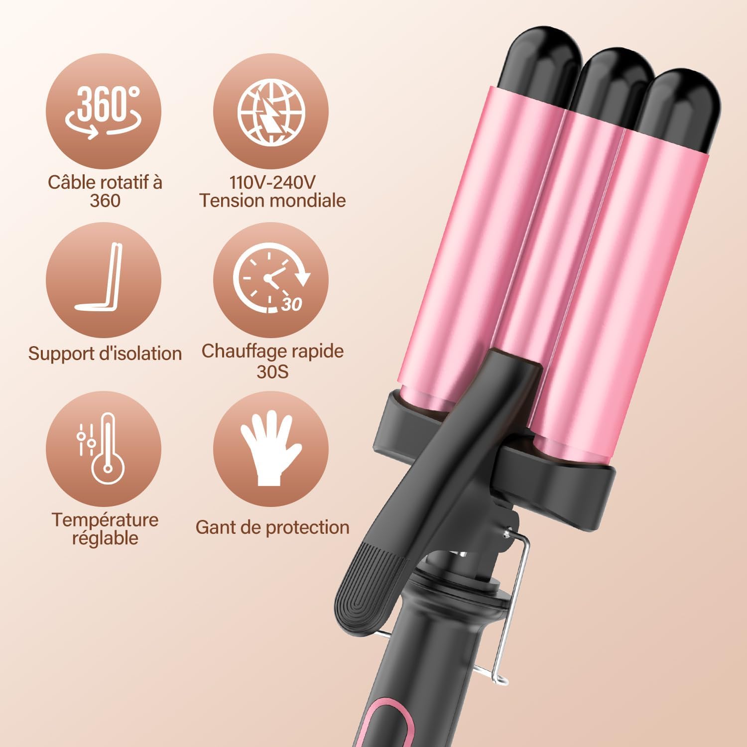 Boucleur a Cheveux,Boucleur 3 Tete Fer a Boucler 22mm, Fer à Boucler 150°C/210°C, Fer a Onduler Chauffage Rapide pour Cheveux Longs, Courts