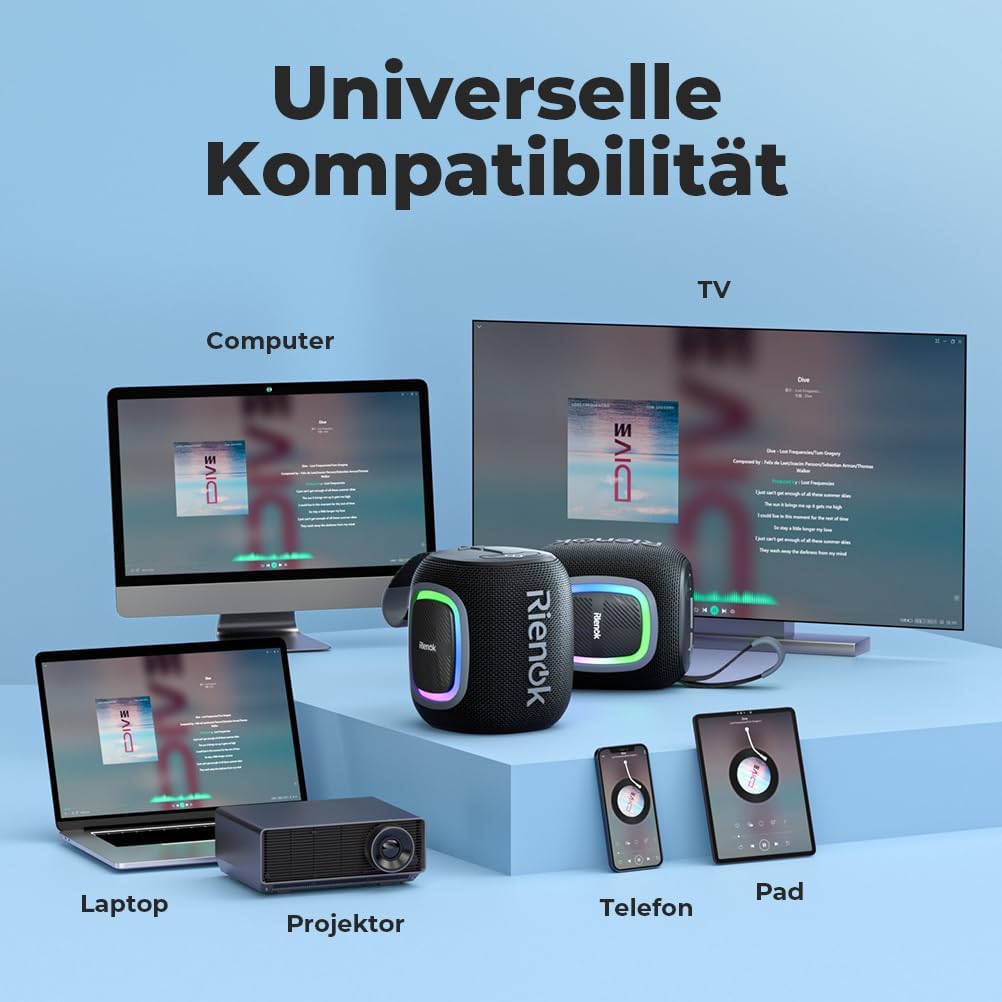 The RIENOK speaker connected to various devices including a computer, laptop, projector, phone, and tablet, demonstrating its universal compatibility.