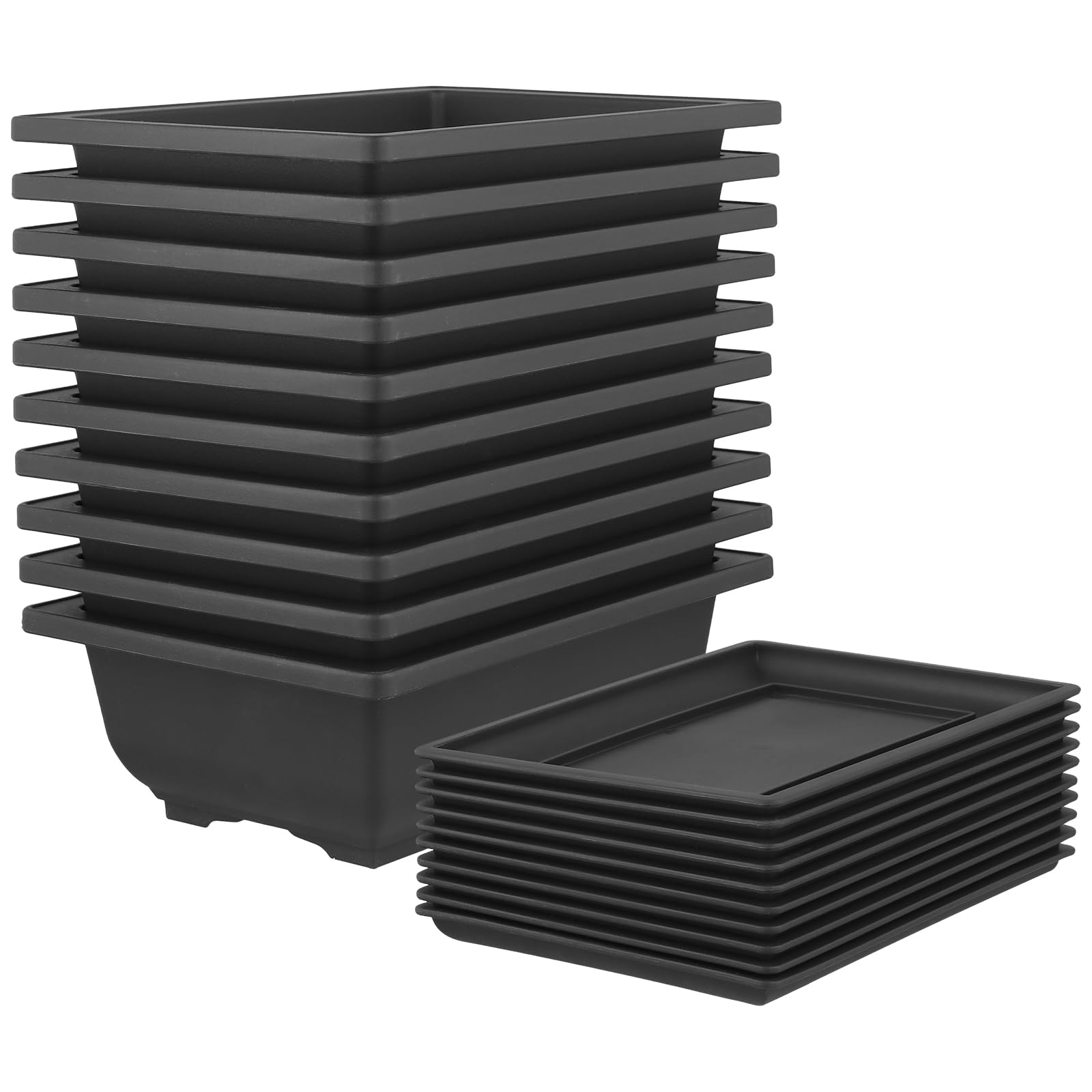 Manchap Black 10 Pcs 9 Inch Bonsai Training Pots With Drainage Trays, Plastic Bonsai Tree Growing Pots For Indoor, Office, Balcony, Garden, 23 X 17 X 8Cm