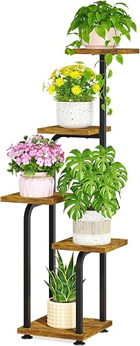 LASZOLA Soporte alto negro para plantas de 5 niveles para interiores con bandeja de madera resistente, estante vertical grande de varios niveles