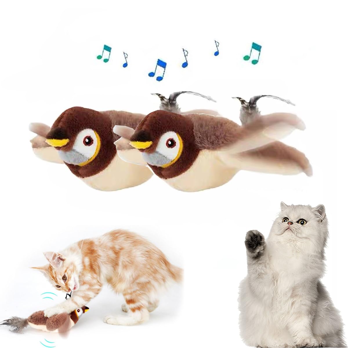 KLROSCAYI Flying Bird Cat Toy, 2025 New Flappy Bird Cat Toy Interactive Chirping Bird Cat Toy for Indoor Cats, Simulated Chirping Bird Cat Toy Flapping Wings - Sparrow*2pcs