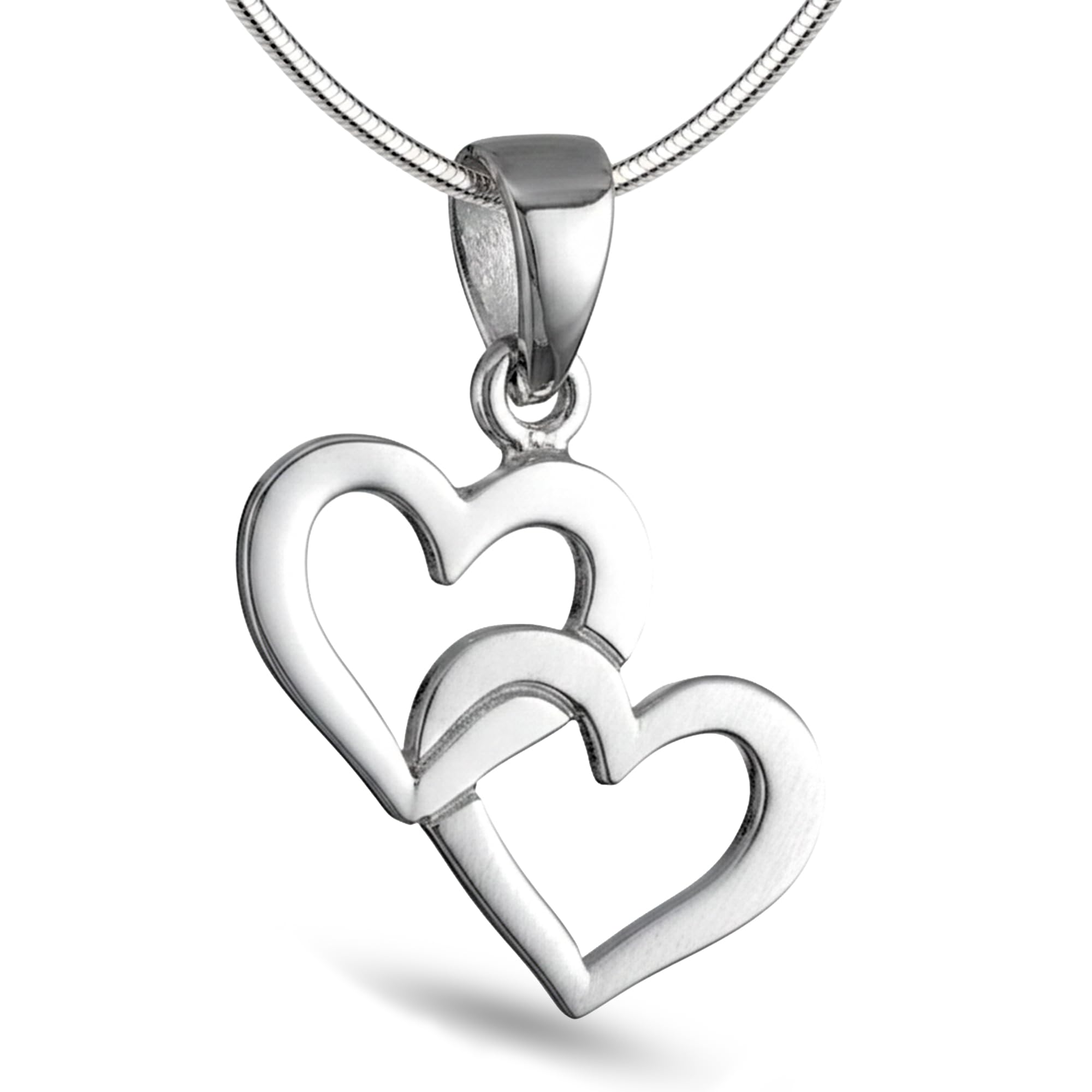 Herzkette 925 Sterling Silber mit 2 verbundenen Herzen für Damen, AAH-S | Glänzender Anhänger, Schlangenkette, nickelfrei, antiallergisch, langlebig verarbeitet, designed in Deutschland.
