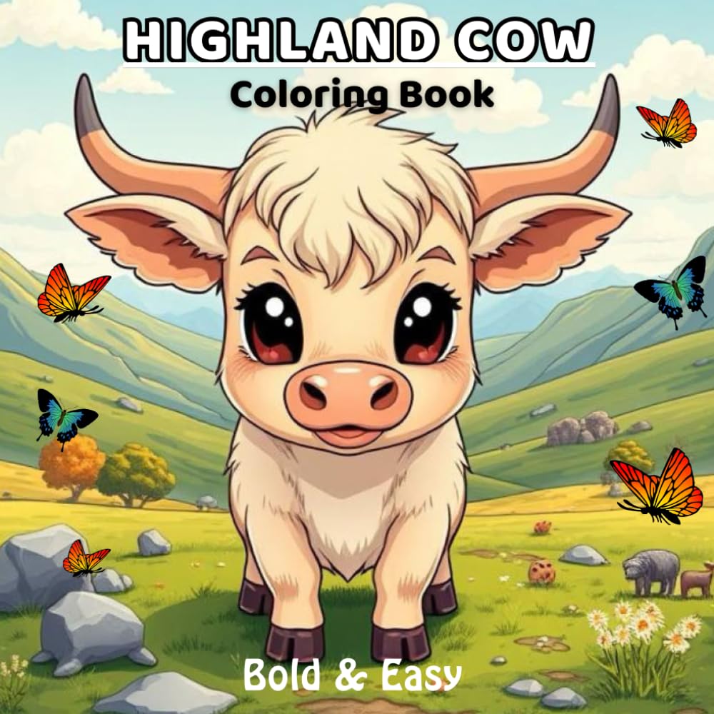 Highland Cow Coloring Book: 50 beautiful scottish cows bold and easy coloring pages for Adults and Kids