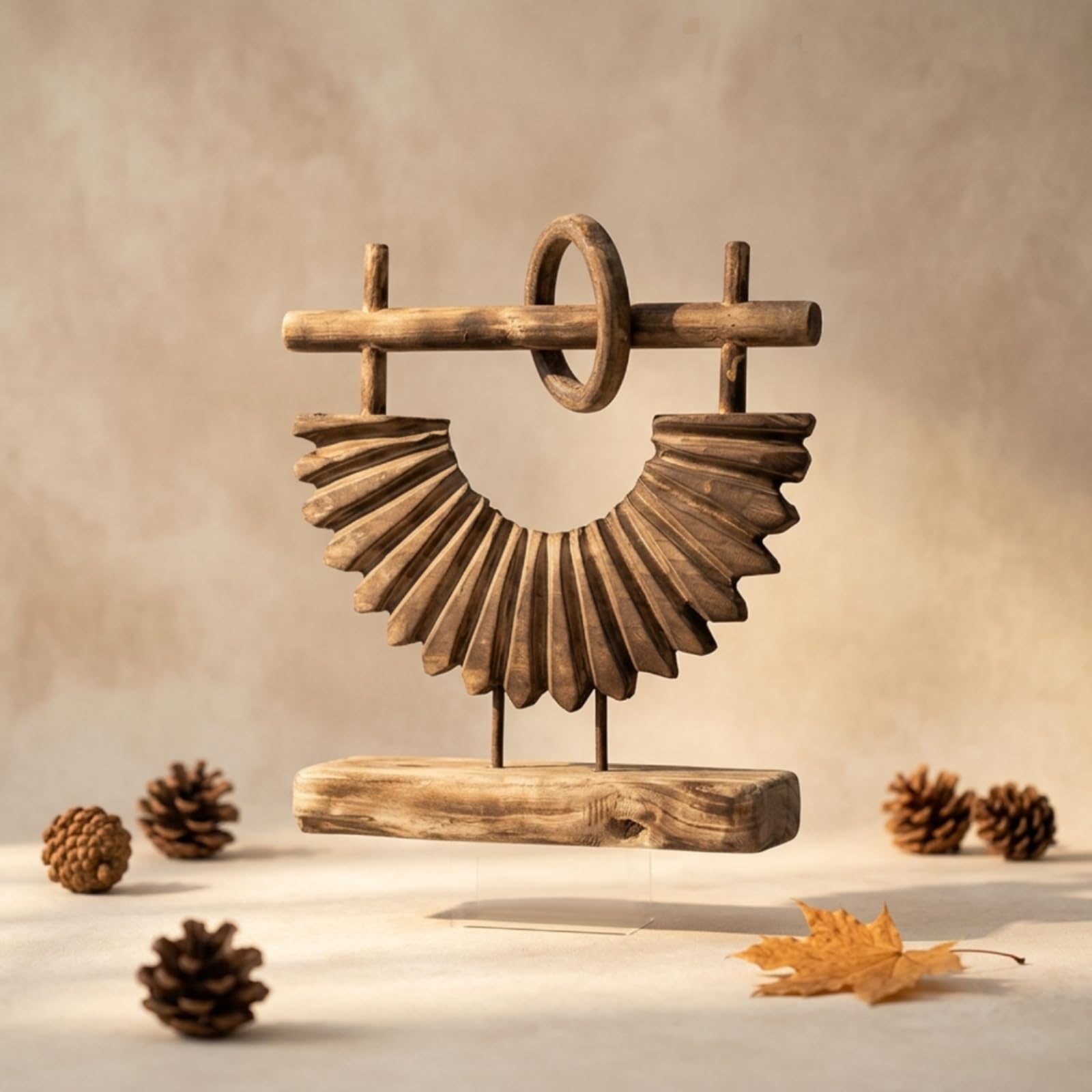 Baoblaze Scultura da Tavolo in Legno Massello Decorazione da Credenza Soprammobile Rustico Ornamento da Ripiano con Due Supporti Verticali E Cerchio Centrale Adatta per