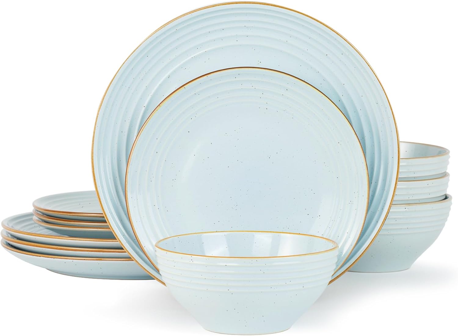Famiware Jupiter Plates and Bowls Sets with Rim, Stoneware Dinnerware for 4 | 12-Piece Ceramic Dishes, Speckled & Embossed Swirl, Chip & Scratch Resistant, Microwave & Dishwasher Safe, Neutral Light Blue