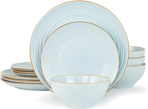 Famiware Jupiter Stoneware Dinnerware Sets for 4, 12-Piece Dishes with Rim | Coupe Plates and Bowls, Speckled & Embossed Swirl Details, Chip & Scratch Resistant, Microwave & Dishwasher Safe, Light Blue