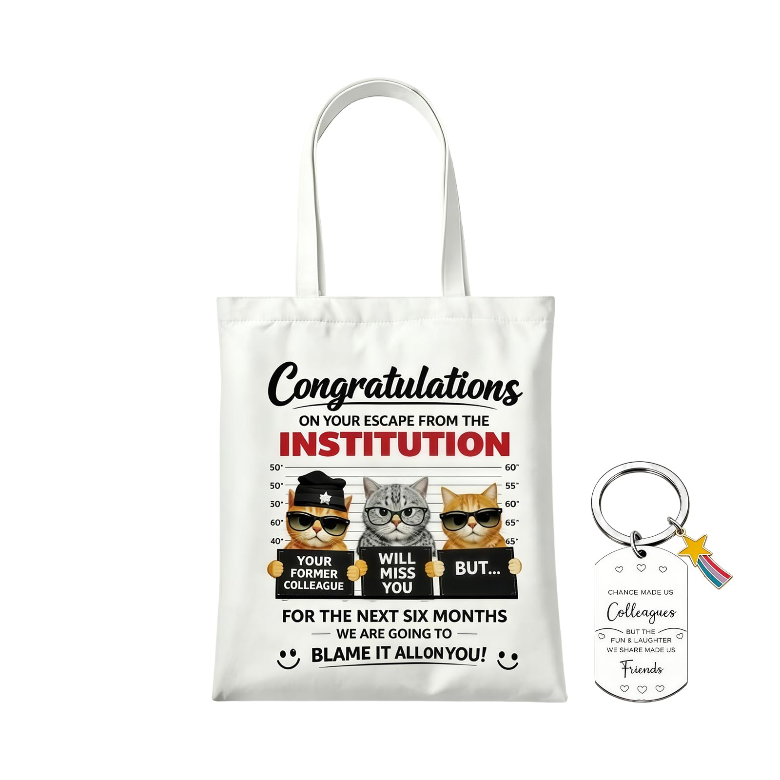 SJAUBKJOG Leaving Gifts For Colleagues Women, 40x35cm Canvas Bag And Pendant, Funny Cat Mugshot Print For Office Send-Offs, Ideal Retirement Gifts For Woman With Keyrings For Women