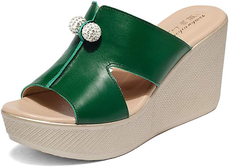 Women's Leather Fashion Sandles Wedge Sandals Green 8