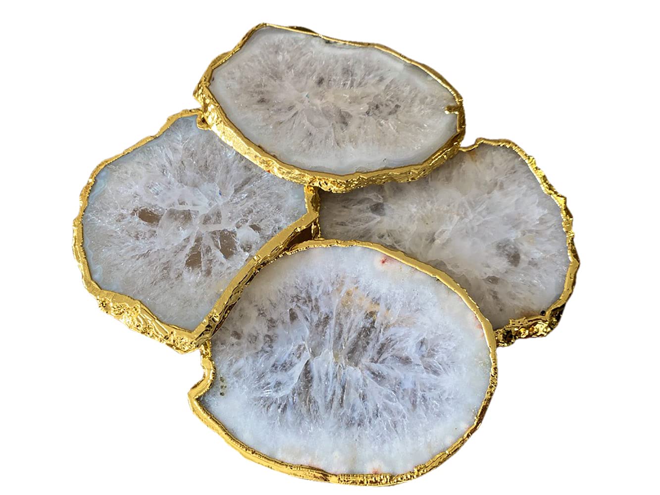 Natural Sliced White Agate Coasters for Drinks. Set of 4 Stone Geode Crystal Coasters with Plated Edge, Surface Protectors and no Added Dyes. 3.5”-4” Size. (Gold)