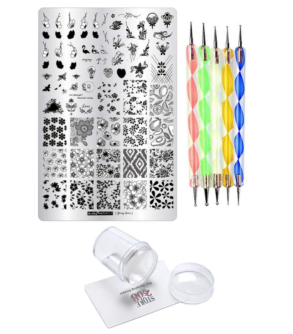 ZJOY Nail Stamping Kit With Jumbo Image Plate (ZJOYplus-018) (9.5 * 14 Cm), Clear Jelly Stamper with Large 3.8 Cm Stamp Head, Plastic Card Scraper & 5 Pc Nail Dotting Tool Set. (ZJOYplus-018)