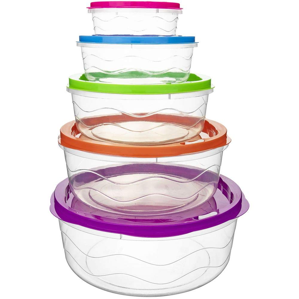 Round Food Storage Containers with Colorful Snap-On Lids – Set of 5 Plastic Kitchen Containers