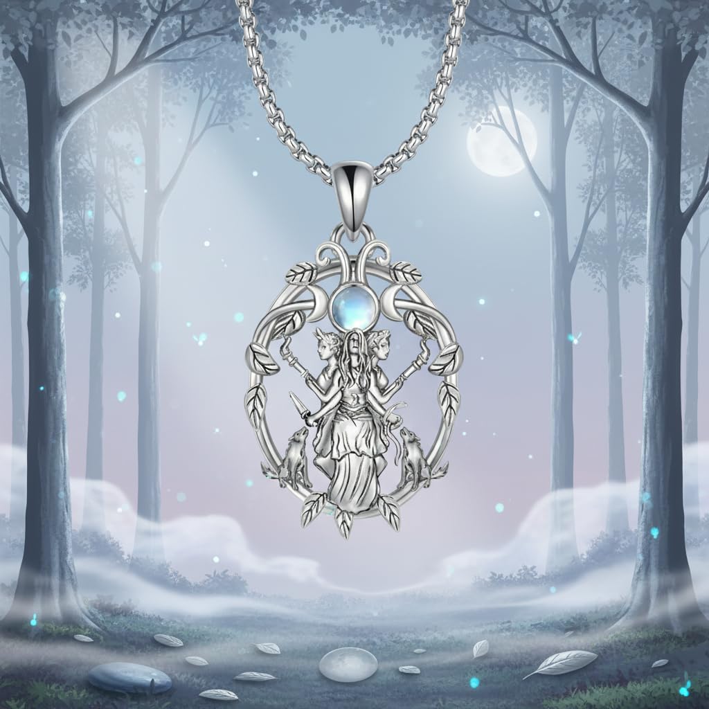 Hecate Necklace 18K White Gold Plated Hecate Statue Pendant Necklace Pagan Jewelry Gifts for Women