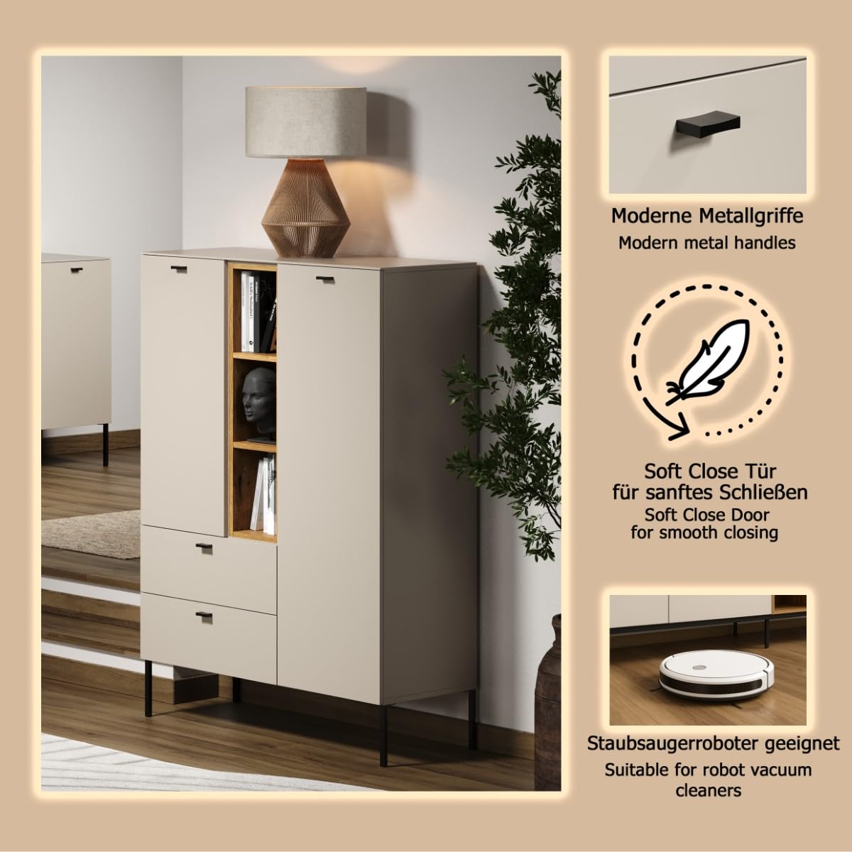 trendteam smart living Sao Paulo Highboard Kashmir (Beige)/Evoke Eiche Sideboard mit Soft-Close Funktion 93 x 140 x 42 cm Metallgriffe und -Füße Wohnzimmerschrank