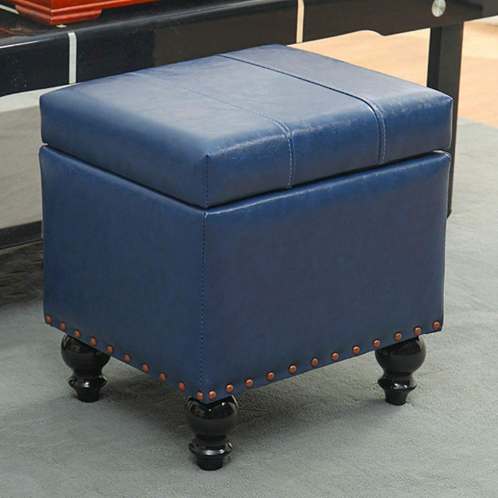 Pouf de rangement en similicuir bleu étanche avec couvercle à charnière robuste