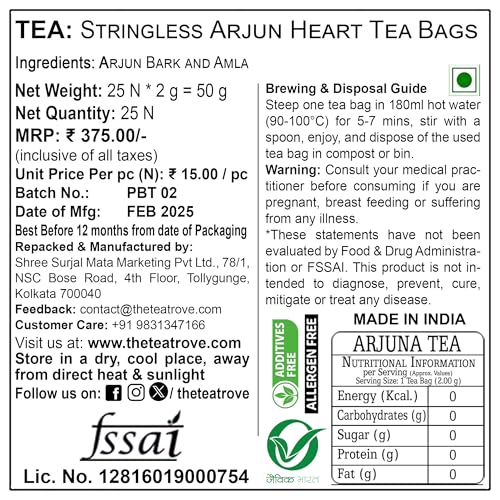 Image of the tea trove Arjun Tea Bags-25 Eco-Friendly Arjuna Tea Bags In Resealable Pouch-Caffeine Free Ayurvedic Tea Blend Of Arjun Ki Chaal And Amla Herbal Tea For Heart And High Bp Pack Of 1,70 Grams