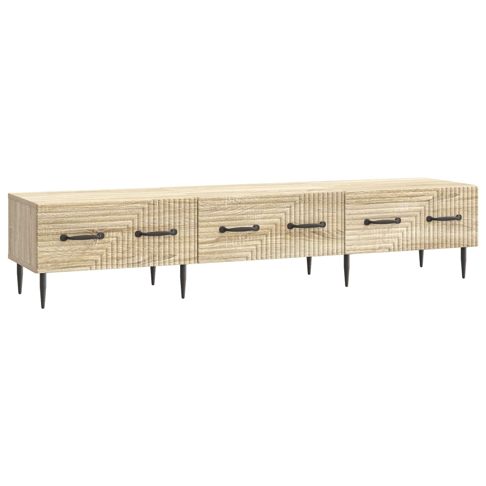 SYDE Mobile TV con cassetto, rovere Sonoma, 147 x 34,5 x 30 cm | Legno resistente, stile vintage, gambe coniche, maniglie nere, superficie per TV da 60 pollici