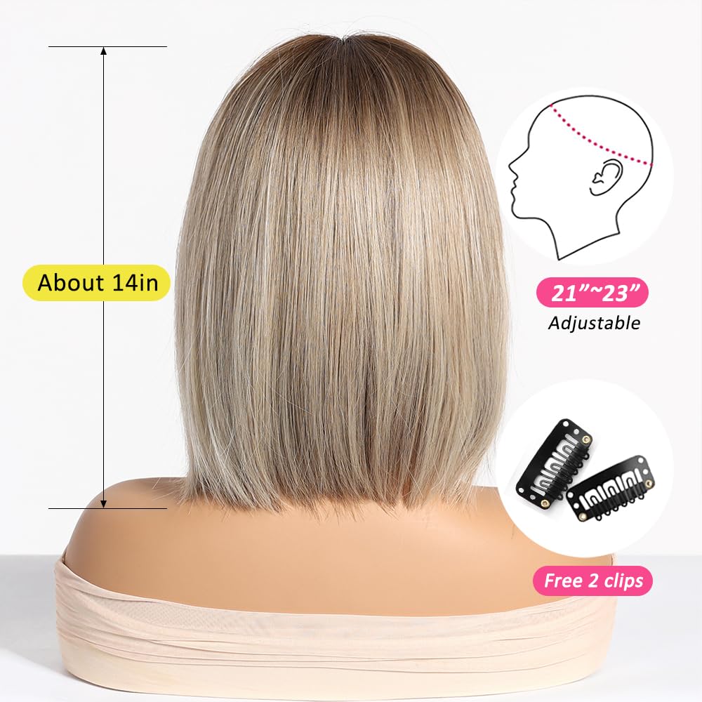 Ombre blond peruka damska krótka bob, prosta peruka syntetyczna dla kobiet, 100% japońskie włókna Kanekalon, na co dzień, imprezę, Halloween