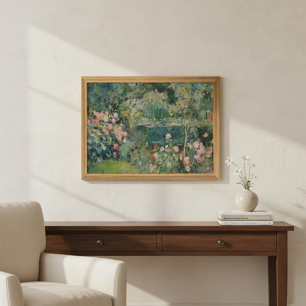 Framed Vintage Garden Landscape Wall Art, Floral Pond Canvas Wall Decor, Cottagecore Botanical Nature Painting Print, Rustic Farmhouse Artwork for Living Room Bedroom Bathroom Office 8x10 Inch Ready to Hang image 2