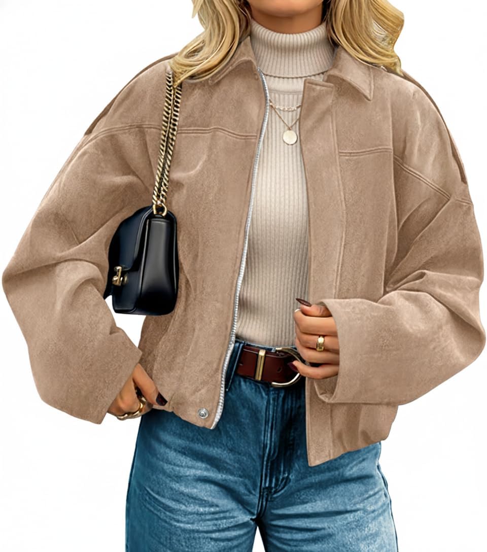 Womens Faux Suede Jackets Fall Fashion Outfits Coat Winter Clothes Open Front Cropped Jacket
