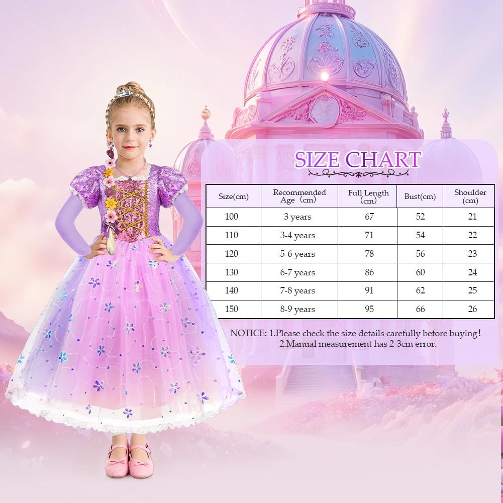 AOOWU Costume da Principessa Rapunzel per Bambina, Vestito Rapunzel con 6 Accessori, Abito da Principessa Viola, Cosplay Halloween Carnevale Abito per Ragazze(100-150)