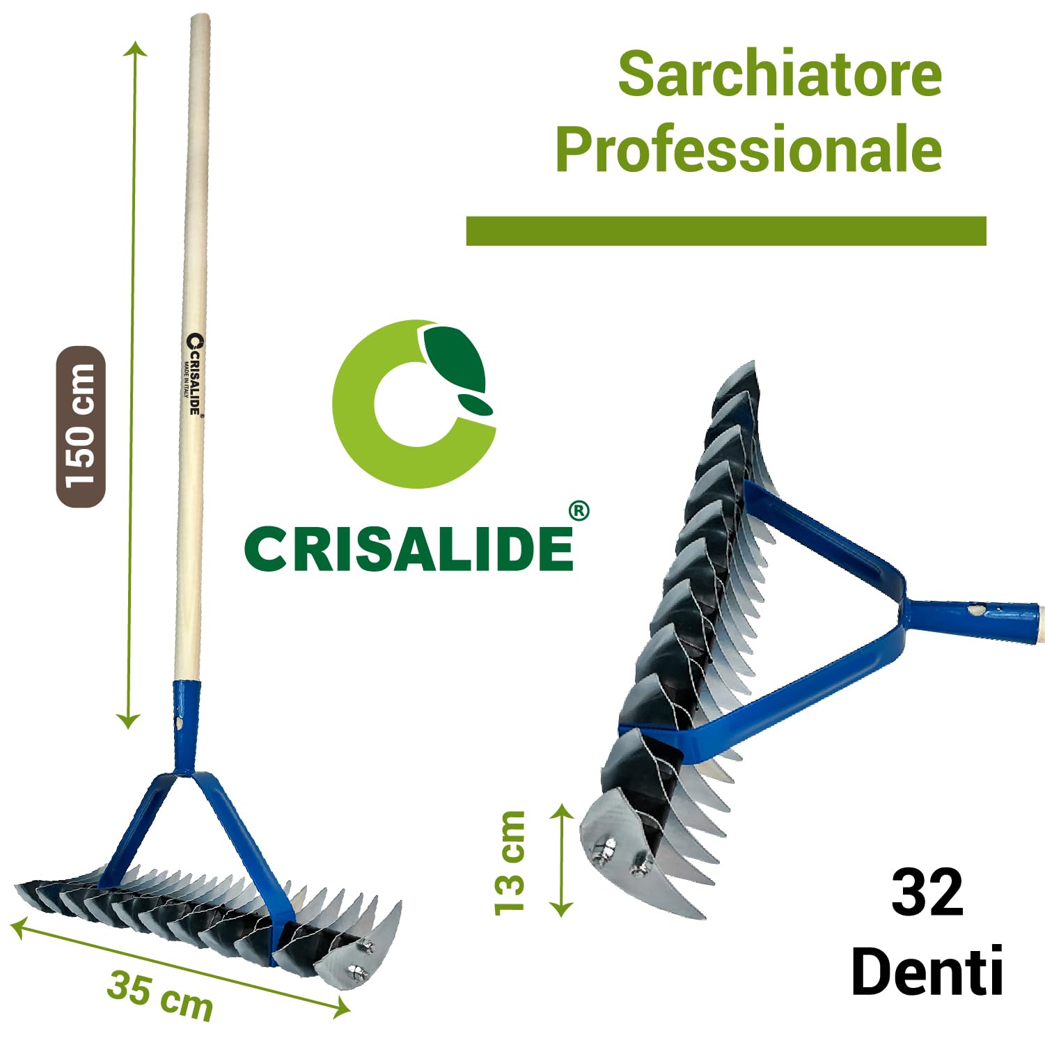 Crisalide® - Rastrello Sarchiatore Arieggiatore, Rastrello da Prato, 32 Denti In Acciaio Zincato, 35cm, Con e Senza Manico (Con Manico)