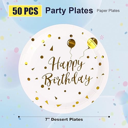 Miniatura 2 de Platos de papel, 50 platos de postre desechables, lunares de oro blanco, biodegradables, redondos, 7 pulgadas, para decoraciones de cumpleaños y
