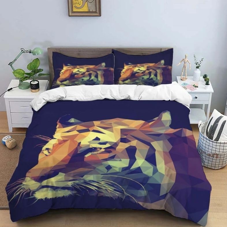 Housse de couette 140x200 tigre marron en microfibre avec 2 taies d'oreiller