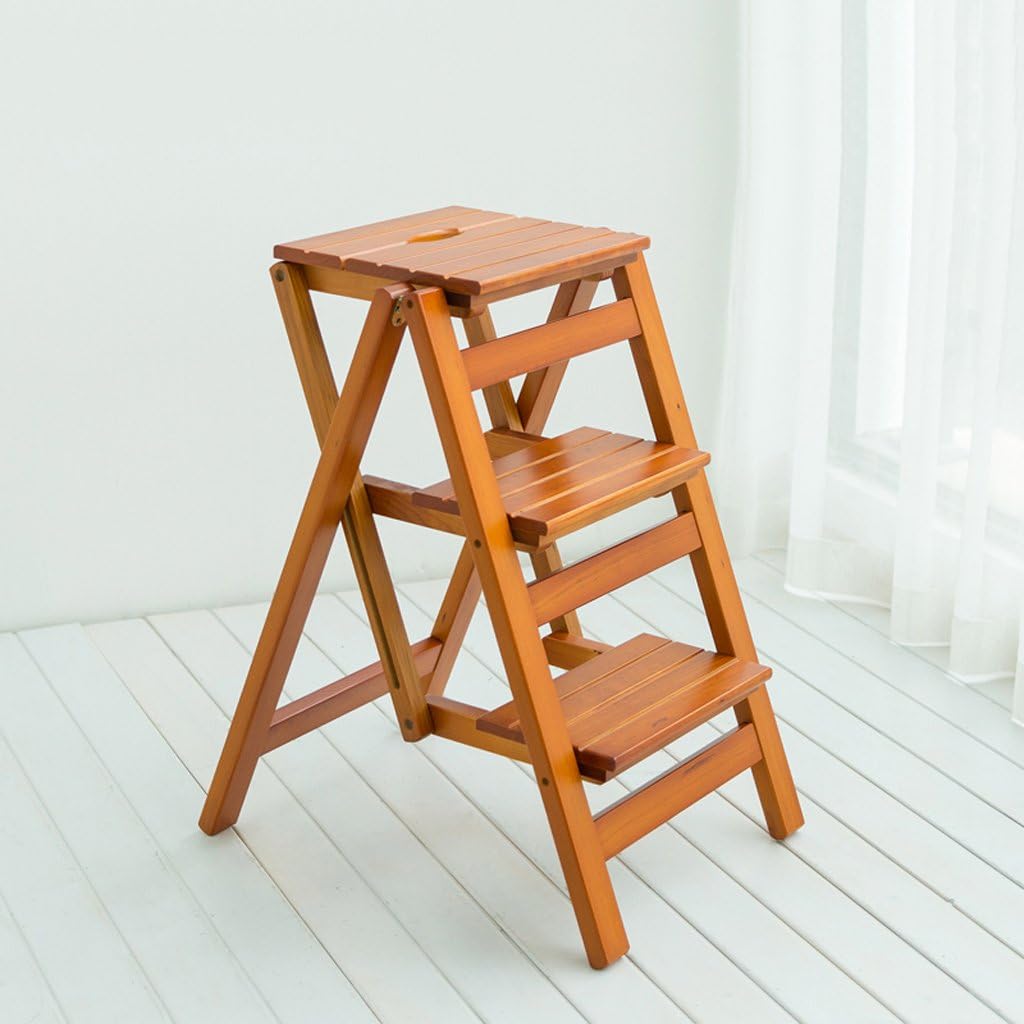 LUNEZY 3 Step Ladder-Free Installation, Multi-Function Household Folding Ladder, Solid Wood bar Stool, Indoor Thickened Ladder Rack, Flower Rack (Color : A, Size : 66 * 55 * 42cm)