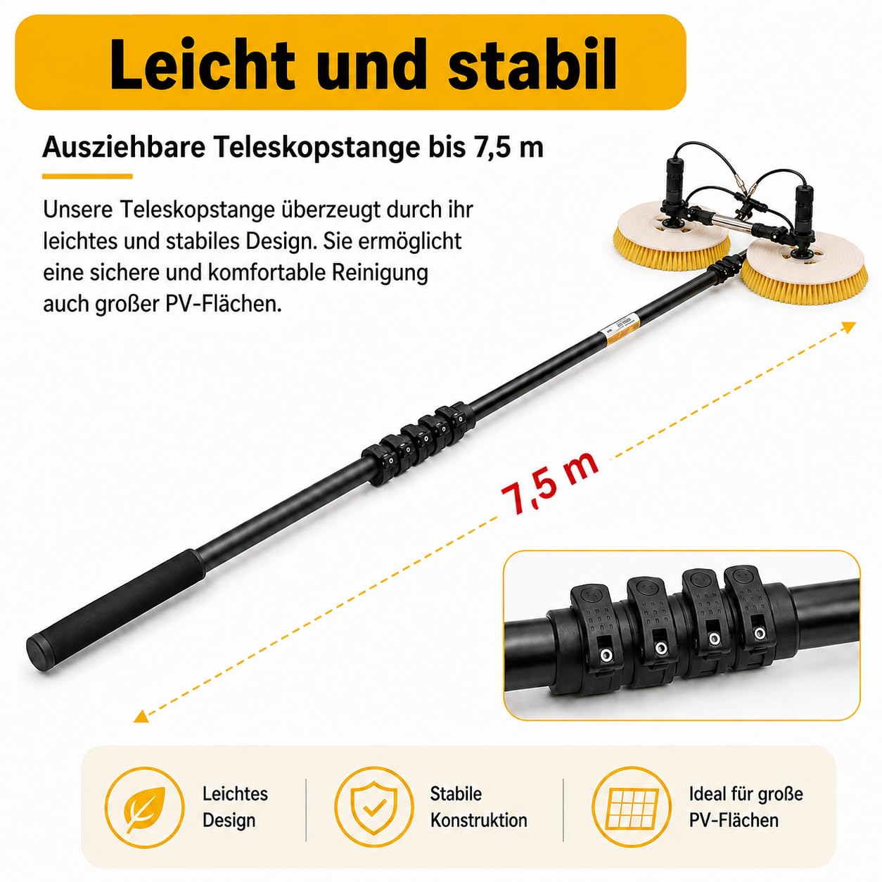 Kit de brosse de nettoyage pour panneau solaire extérieur avec tige télescopique de 7,5 m, tuyau d'eau de 29 m, cordon d'alimentation de 17 m, tête de brosse double rotative de 65 cm