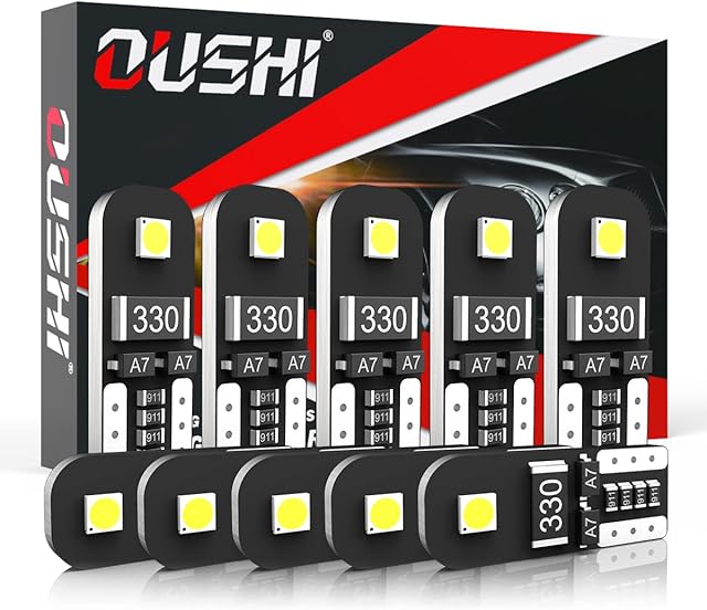 T10 W5W LED Bulb, OUSHI Canbus 501 194 168 2825 High Power 3030 Chipsets 12V Replacement Bulb for Car Interior Dome Map Door Courtesy License Plate Light, 6500K Xenon White(Pack of 10)