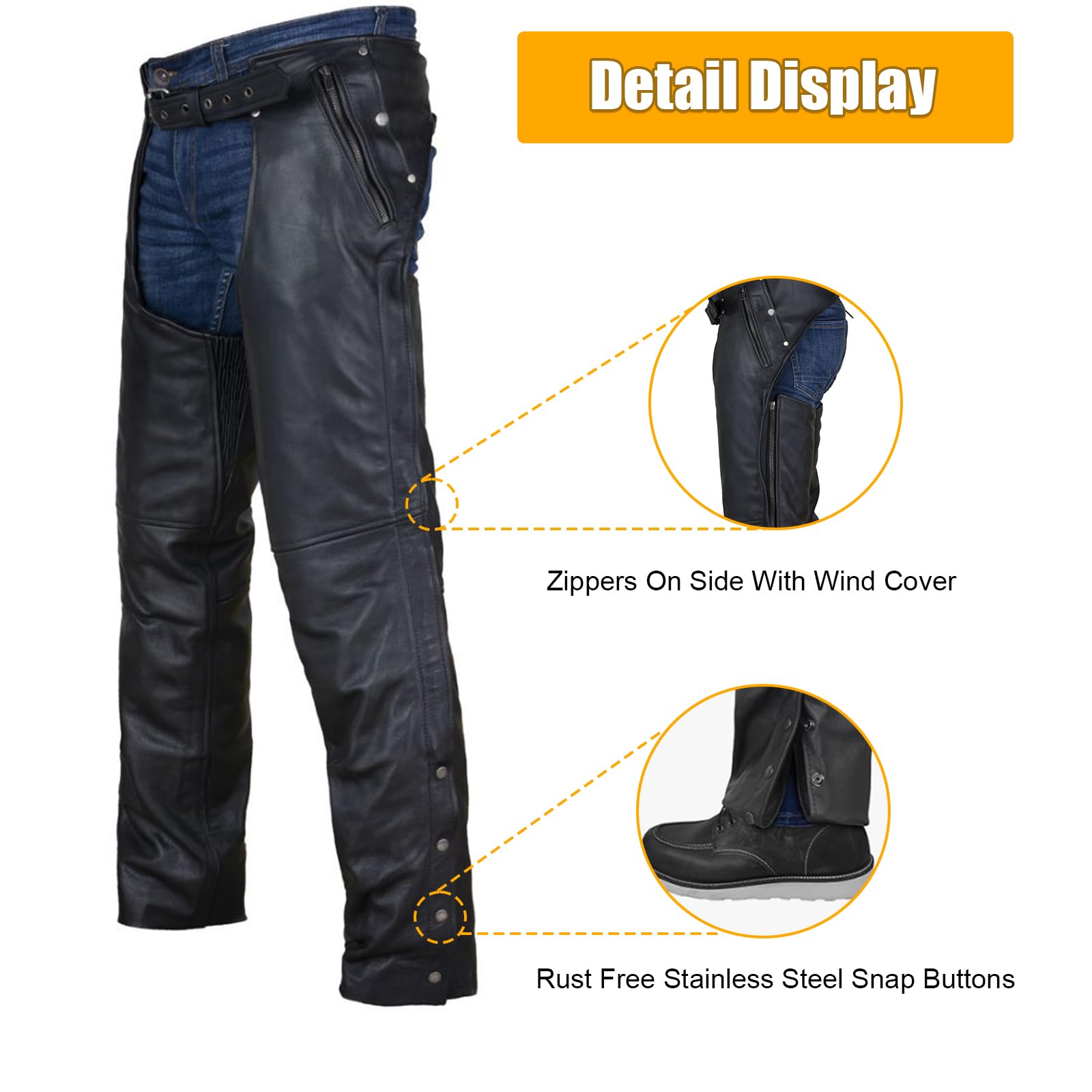 Motorrad-Leder-Chaps für Herren, Biker-Reiten, Cowboy-Chaps, schwarze Multi-Pocket-Split-Soft-Lederhose mit Reißverschluss-Futter