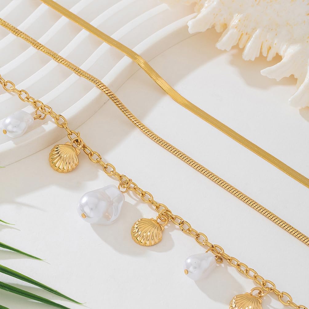 Layered Gold Snake Chain Choker Necklace for Women, Delicate Charm Shell Baroque Pearl Pendant Necklaces Beachy Vacation Jewelry Costume Accessories - Image 6