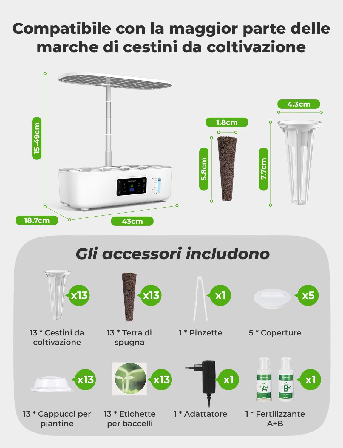 Serra Idroponica 13 Baccelli, Smart Garden con Doppia modalità di Coltivazione, con Luce LED per Coltivazione, Timer Automatico, Altezza Regolabile, Bianco