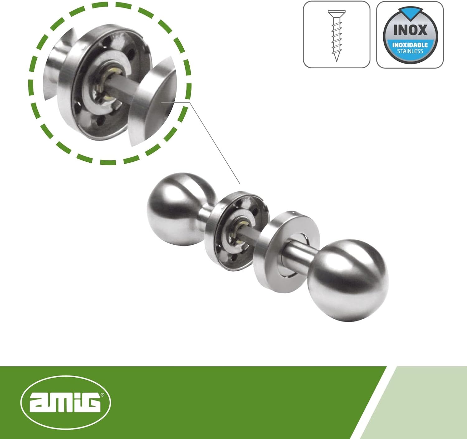 Amig - Set of Round Swivel Knobs for Interior Doors Mod. 11GR - ø62 x 77 mm - Rectangular Plate Trim - Ergonomic Grip - Matte 18/8 Stainless Steel