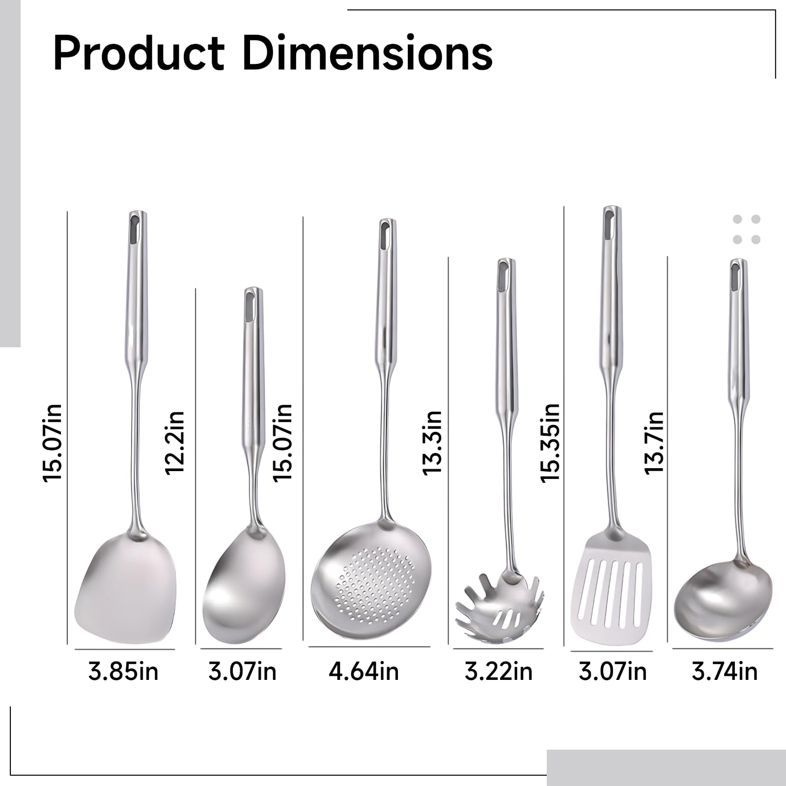 Küchenutensilien Set 6-teilig aus Edelstahl 304, Kochutensilien aus Metall mit Pfannenwender, Löffel, Kelle, Pastaserver, spülmaschinengeeignet, komplett aus Metall
