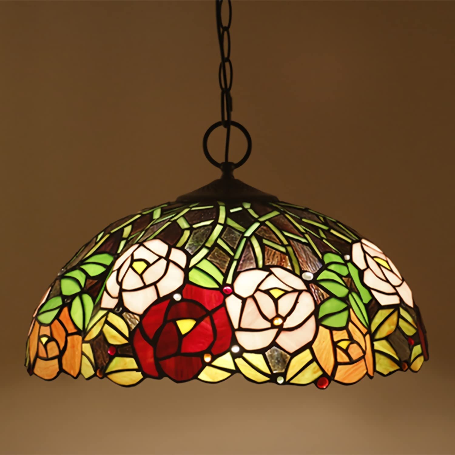 YNIYUJKL 16 Inch Tiffany-Style Chandeliers,Vintage Stained Glass Pendant Light, European Style Adjustable E27 Ceiling Light For Living Room Bedroom Dining Room,D
