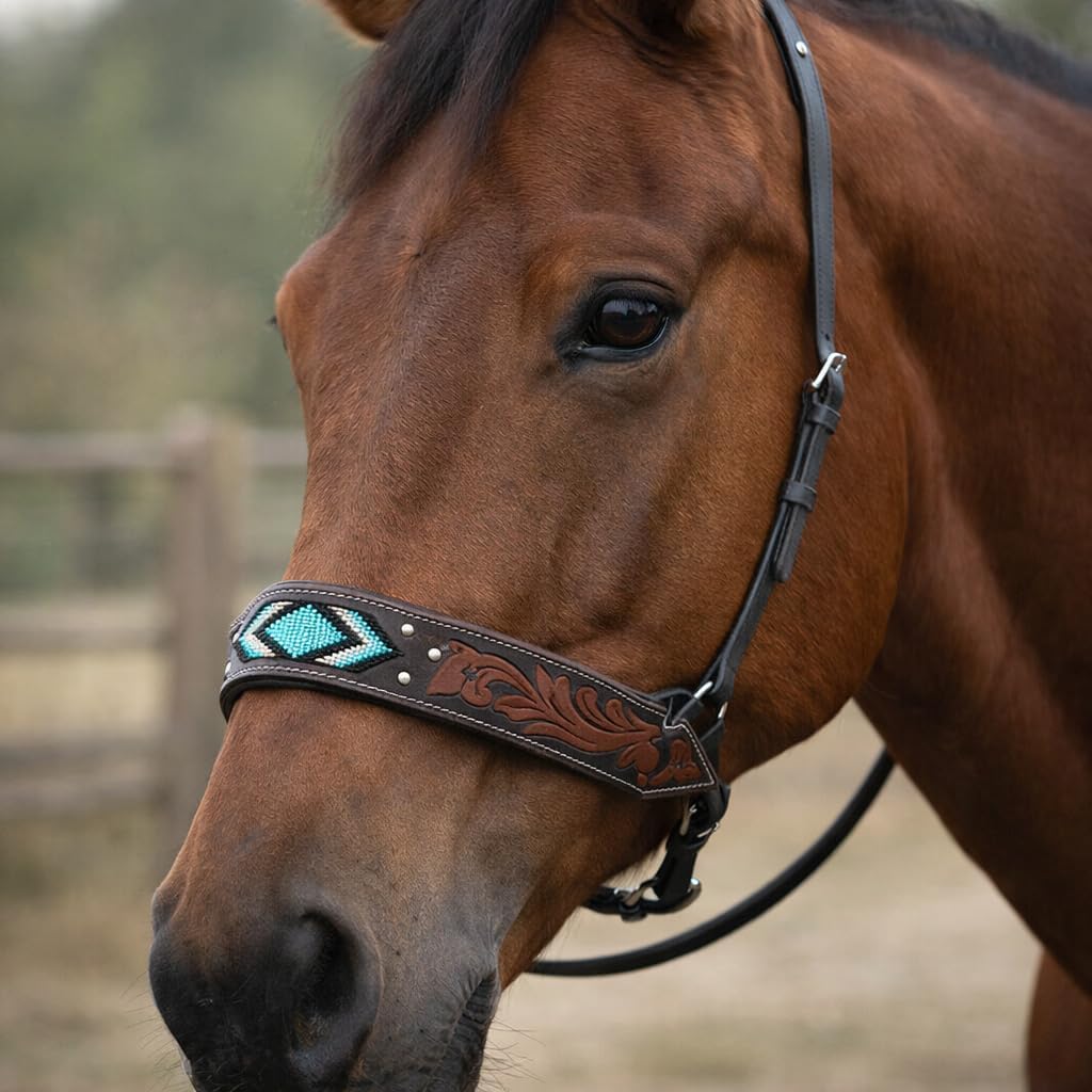 SIE Turquoise Beaded Floral Carved Leather Tie-Down Noseband for Horses, Western Tack