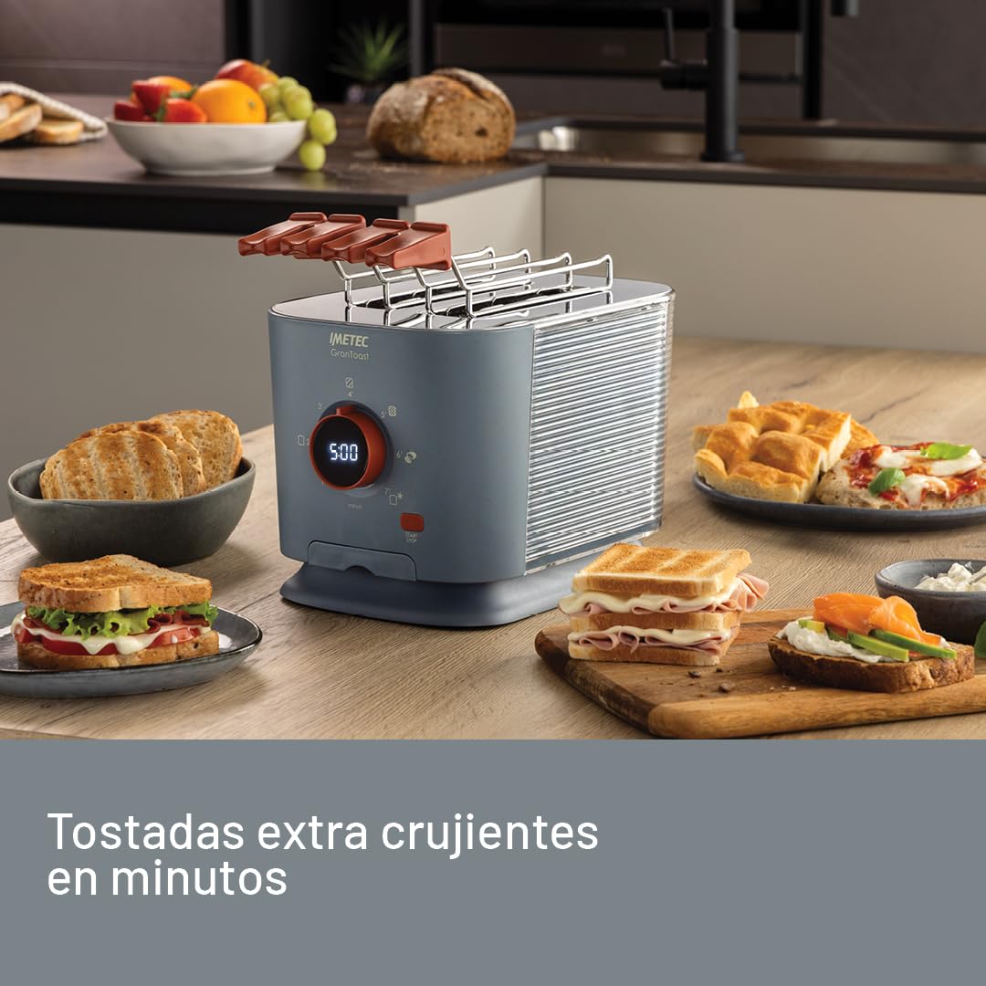 Imetec Grantoast, Tostadora XL de 2 rebanadas con pinzas deslizantes para tostadas rellenas, 7 niveles de dorado, fácil limpieza, pantalla LED, plancha para calentar, temporizador digital