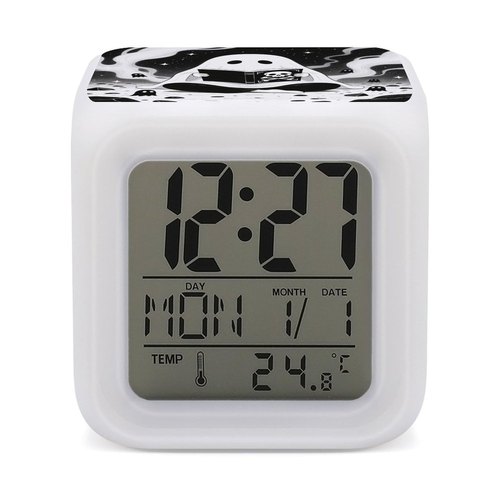 VstaDank Black Cute Ghost Alarm Clock Sleep Trainer 7 Color Changing Night Light Modern Touch Bedside Lamp Fashion Digital Clock with Temperature Display Wake Clocks for Loud Alarm